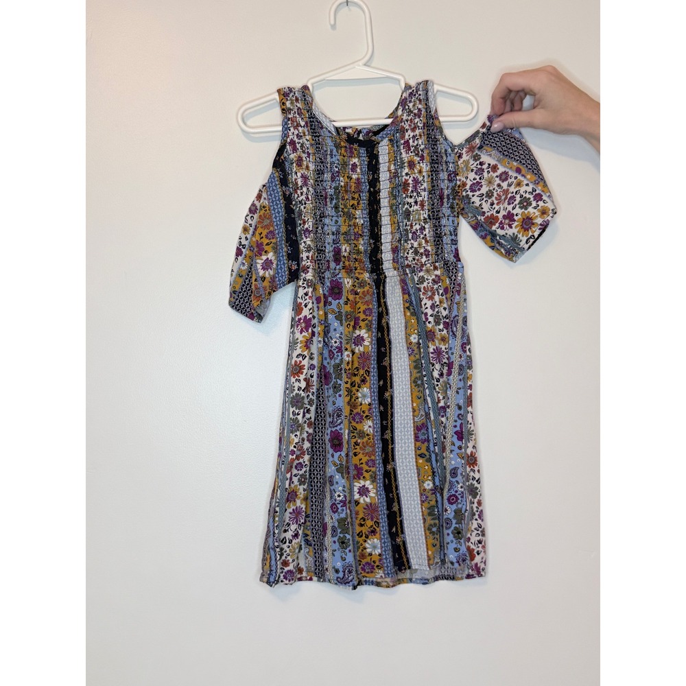 Art Class Girls Cold Shoulder Smocked Patchwork Floral‎ Dress Blue S 6/6X